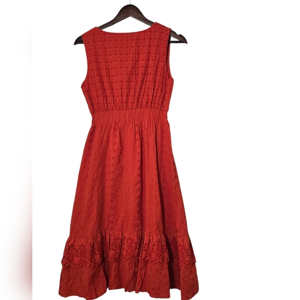 Chaudry Red V-Neck Midi Dress with Tie Waist Sz M - Picture 4 of 5